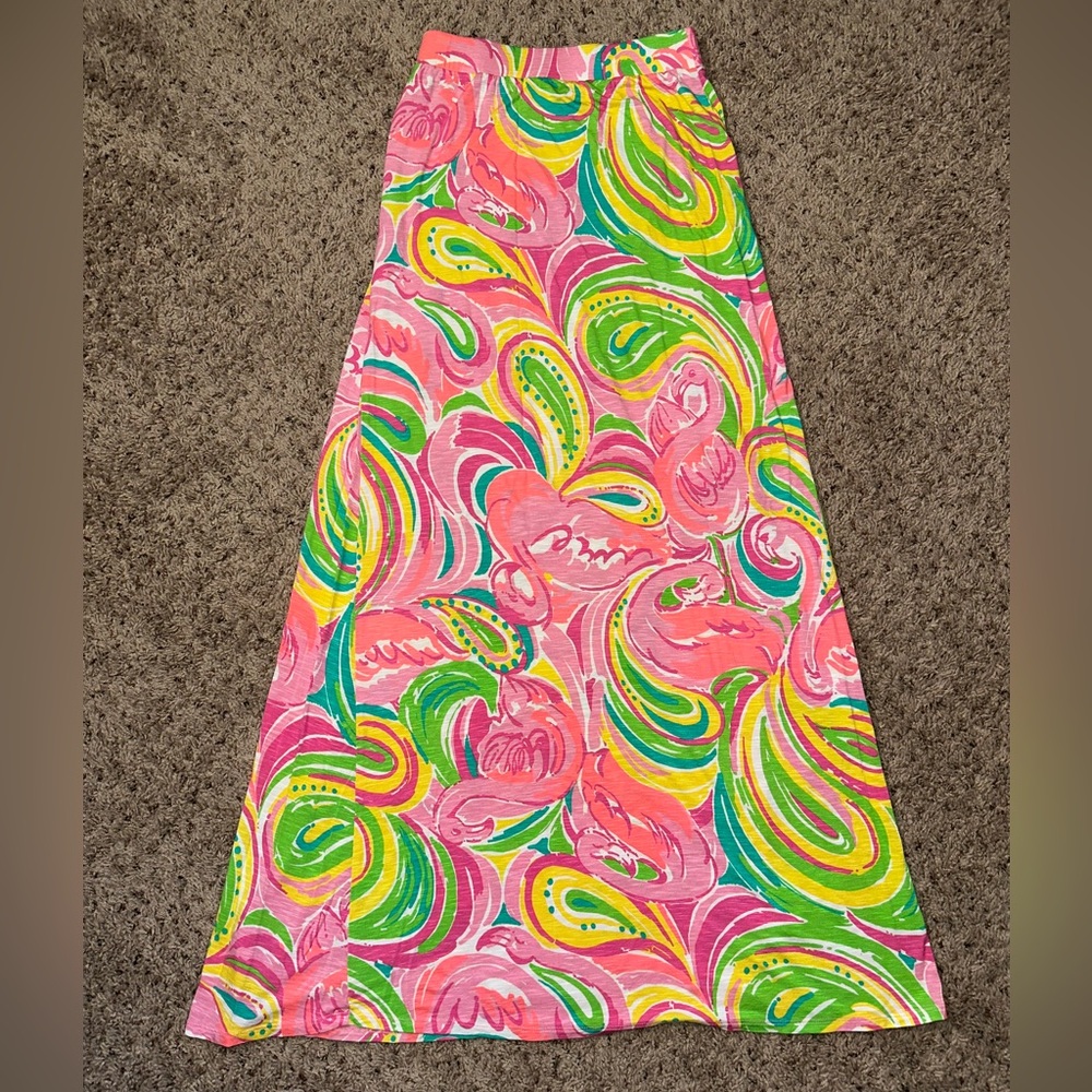 Lilly Pulitzer Marnie Skirt All Nighter Pink long Flamingo Print Pull On Size XS